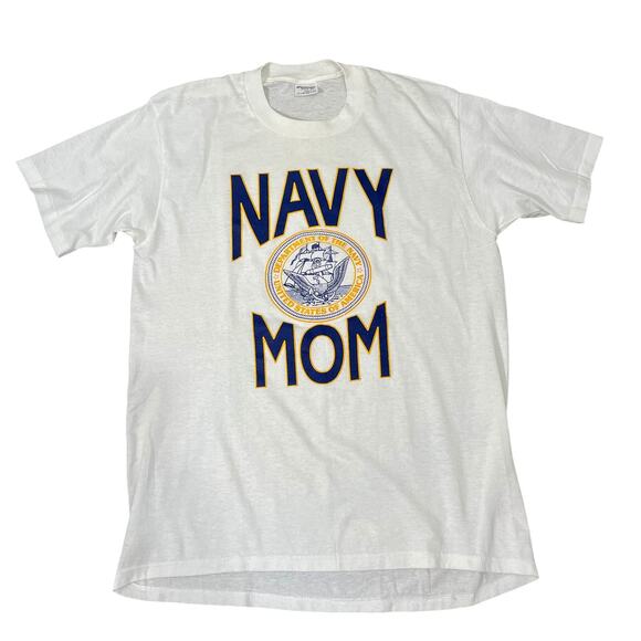 Vintage 90s Stedman White Crewneck T-Shirt Navy Mom Graphic Single Stitch - Picture 1 of 9